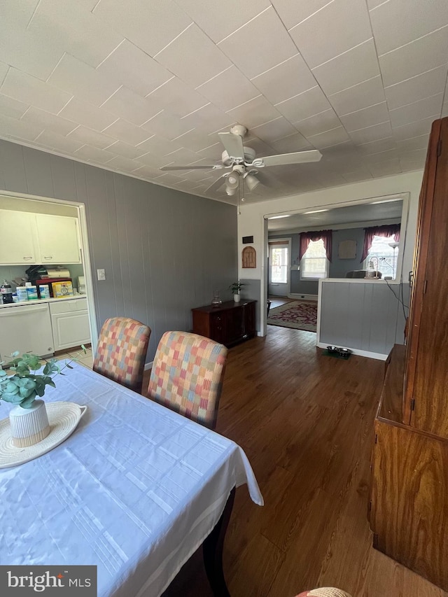 dining room with ceiling fan and wood finished floors