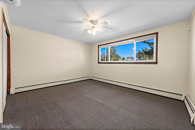 spare room with dark colored carpet and ceiling fan