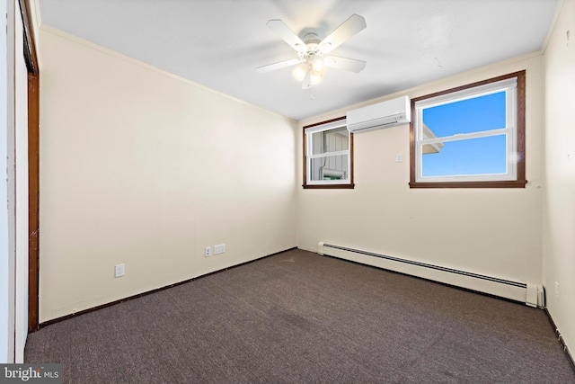 unfurnished room featuring a ceiling fan, a baseboard heating unit, dark carpet, a wall unit AC, and baseboards