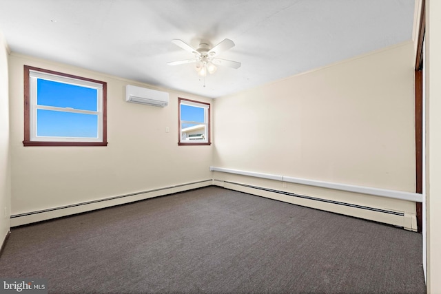 carpeted empty room featuring a wall mounted air conditioner, a baseboard heating unit, and ceiling fan