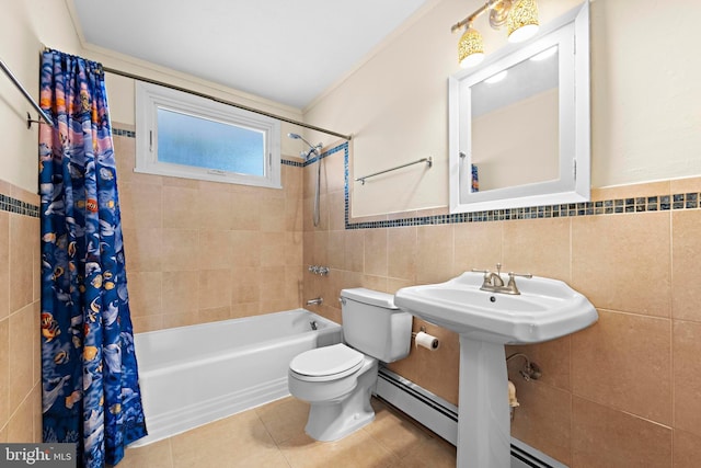 bathroom featuring a baseboard radiator, shower / bath combo, tile patterned flooring, tile walls, and toilet