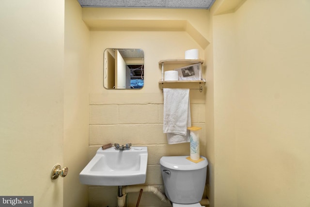 bathroom with toilet, concrete block wall, and a sink