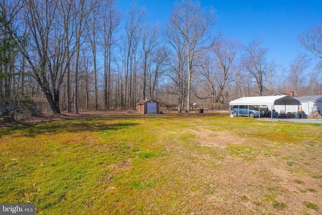 view of yard with a carport, an outbuilding, driveway, and a shed