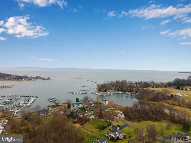 drone / aerial view featuring a water view