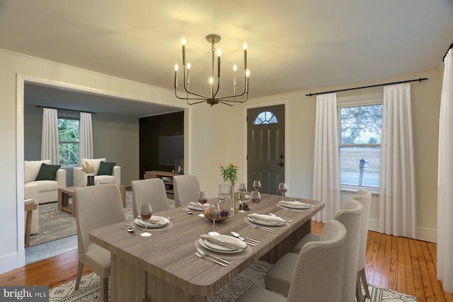 dining space featuring a chandelier, a wealth of natural light, and light wood-style flooring