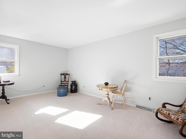 misc room featuring carpet floors, a wealth of natural light, visible vents, and baseboards