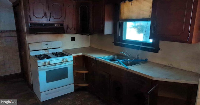 kitchen featuring white gas stove, under cabinet range hood, a sink, tile walls, and light countertops