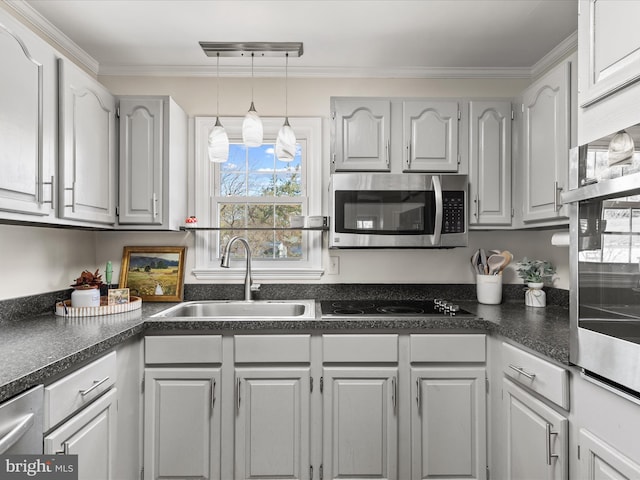 kitchen with dark countertops, stainless steel appliances, and a sink