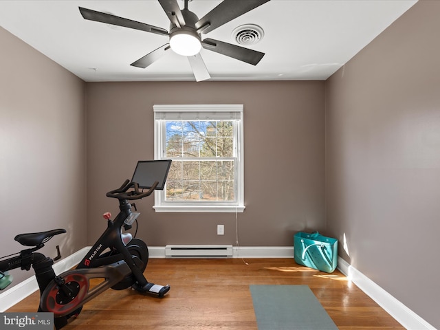 workout area featuring wood finished floors, visible vents, baseboards, ceiling fan, and baseboard heating