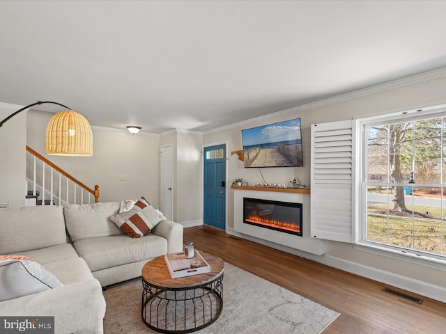 living room with crown molding, wood finished floors, visible vents, and a wealth of natural light