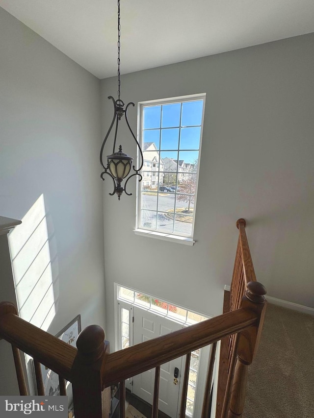 stairs featuring baseboards and carpet floors