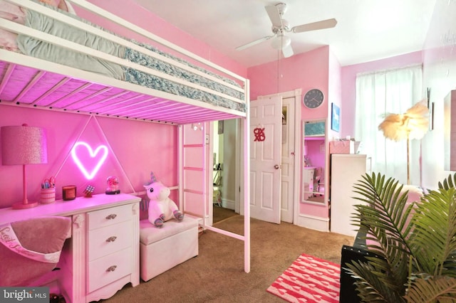 bedroom featuring carpet flooring and ceiling fan