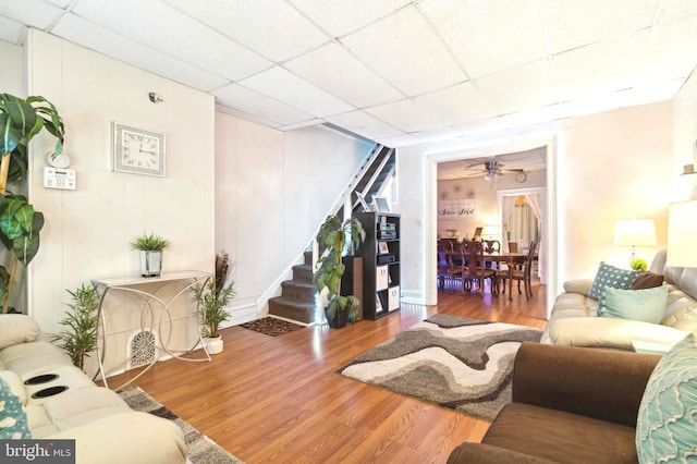 living room featuring stairs, a drop ceiling, wood finished floors, and a ceiling fan