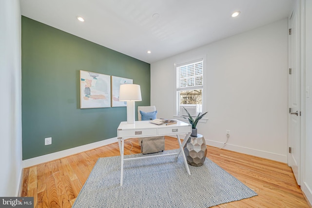 office with recessed lighting, baseboards, and wood finished floors