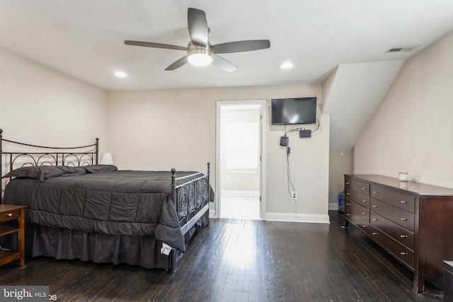 bedroom featuring recessed lighting, visible vents, dark wood finished floors, and baseboards