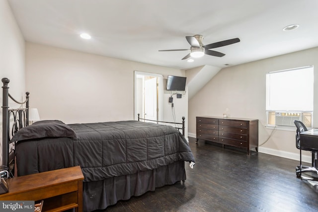 bedroom featuring baseboards, ceiling fan, wood finished floors, cooling unit, and recessed lighting