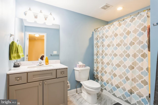 full bathroom with marble finish floor, visible vents, a shower with shower curtain, toilet, and vanity