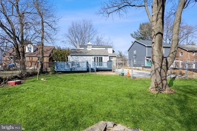 view of yard featuring a deck and a fenced backyard