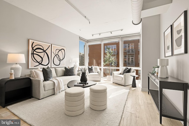 living room featuring track lighting and light wood-style floors