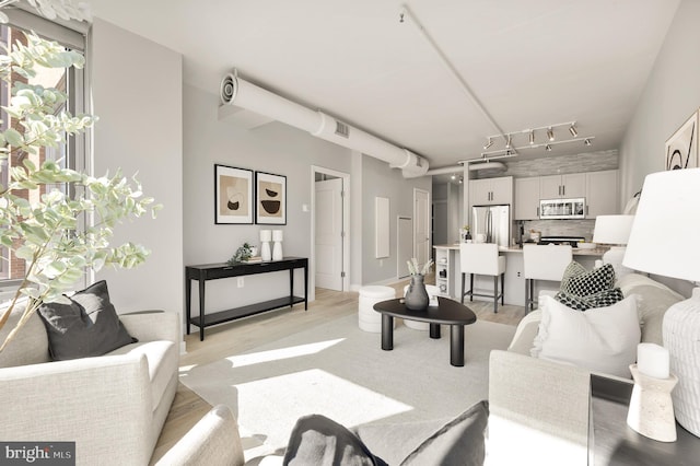 living room featuring light wood-style flooring and rail lighting