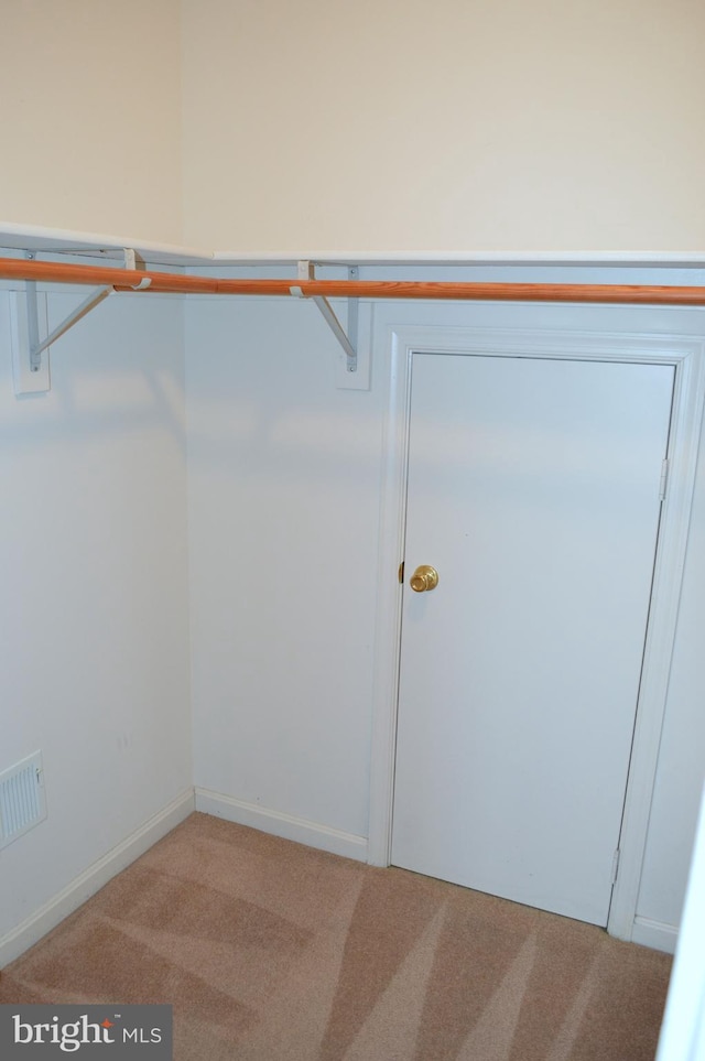 spacious closet featuring visible vents and light carpet