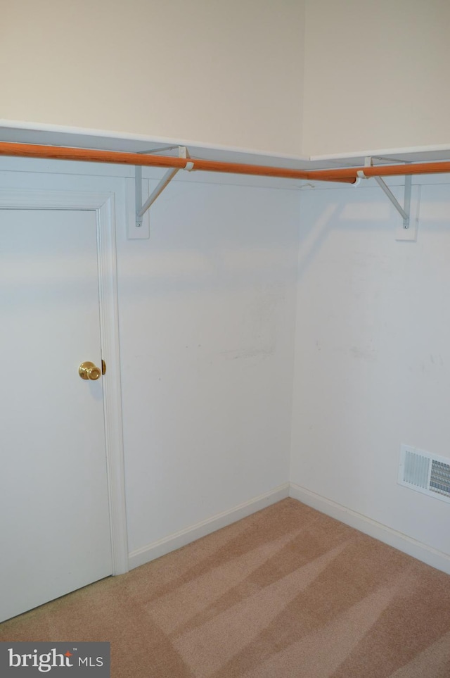 spacious closet featuring light colored carpet and visible vents