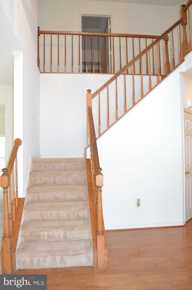 stairs featuring wood finished floors, baseboards, and a towering ceiling