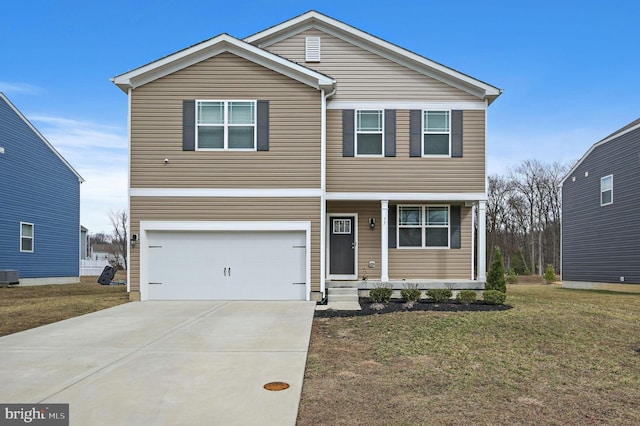 view of front facade with central air condition unit, a porch, concrete driveway, a garage, and a front lawn