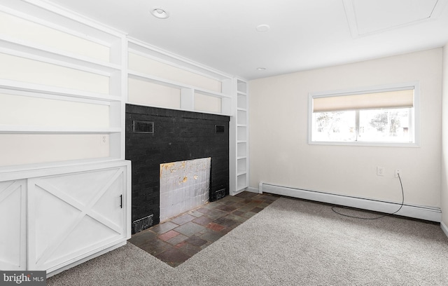 living room featuring built in shelves, recessed lighting, dark carpet, baseboard heating, and a fireplace with flush hearth