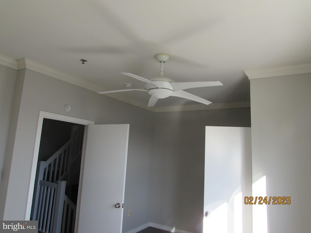 room details with ornamental molding and a ceiling fan