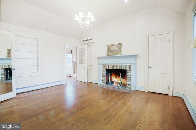 unfurnished living room featuring a baseboard heating unit, a baseboard radiator, a wall unit AC, and a fireplace