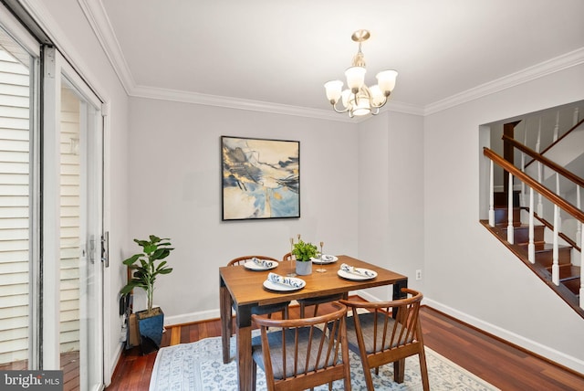 dining area featuring baseboards, stairway, a chandelier, and dark wood-style flooring