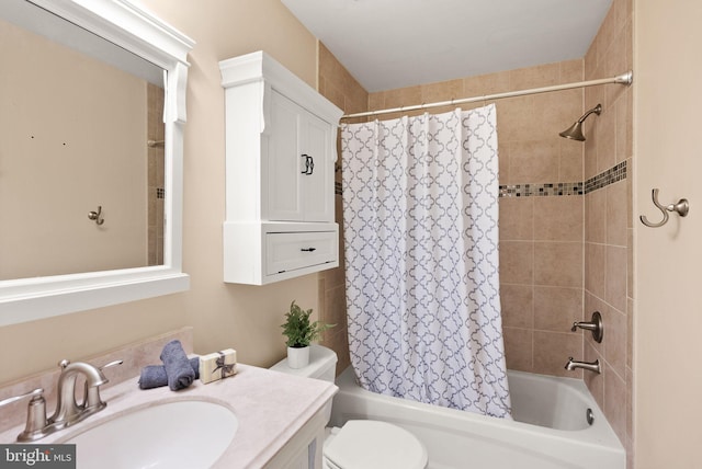 full bath with toilet, vanity, and shower / bathtub combination with curtain