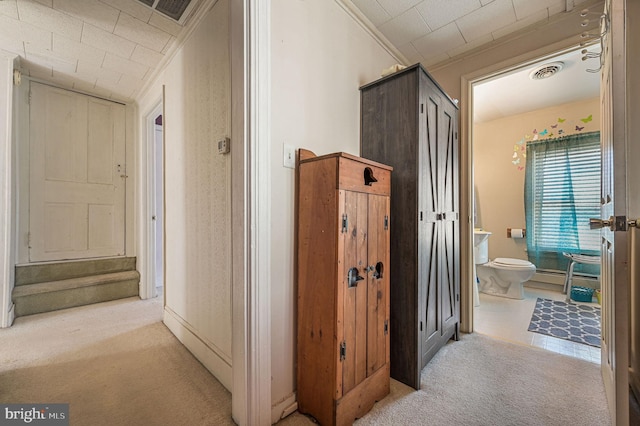 hall featuring light carpet, visible vents, and crown molding