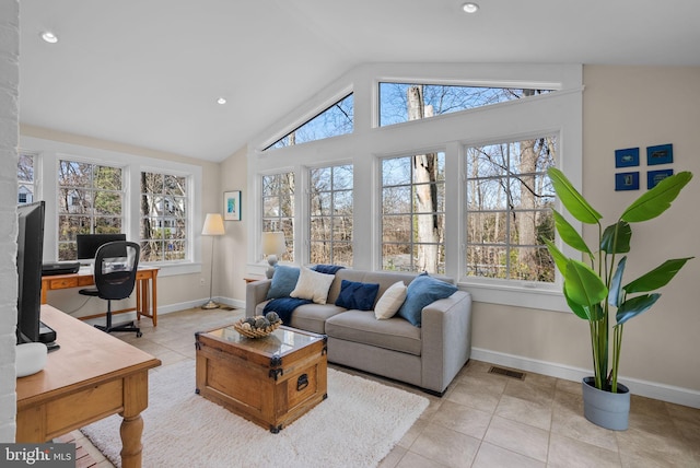 living room featuring visible vents, baseboards, and vaulted ceiling