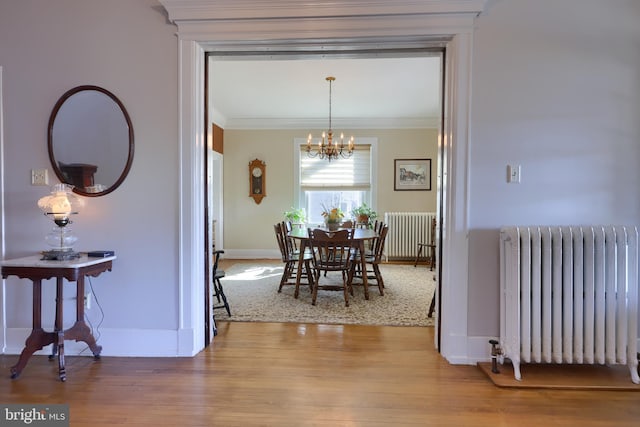 dining room featuring crown molding, radiator, wood finished floors, and a chandelier