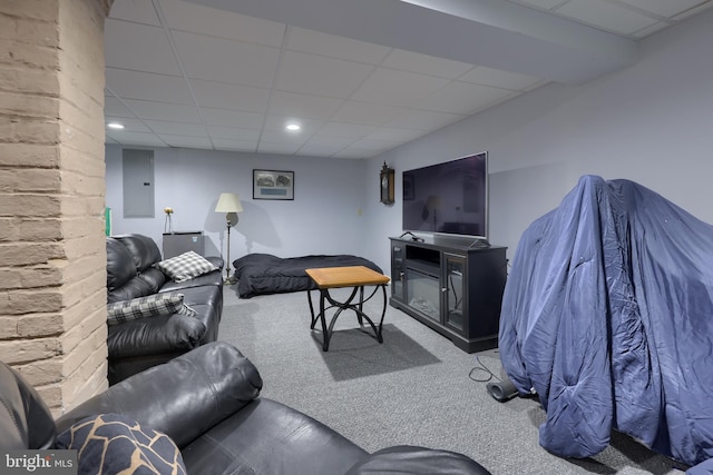 carpeted living room featuring electric panel, a paneled ceiling, and recessed lighting