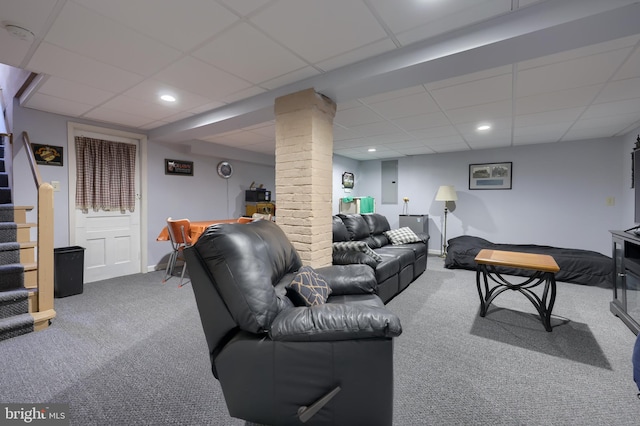 living area featuring recessed lighting, stairway, carpet floors, a paneled ceiling, and baseboards