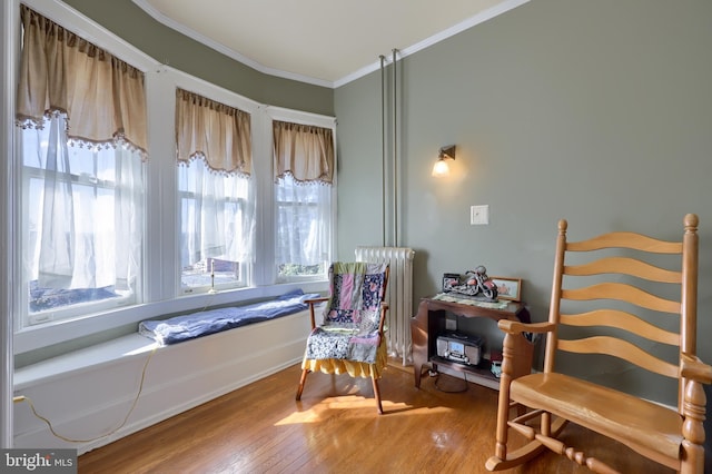 living area featuring ornamental molding, radiator, and wood finished floors