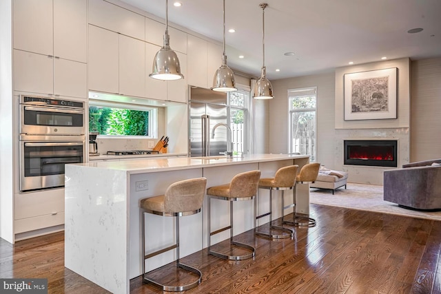 kitchen featuring stainless steel appliances, dark wood-type flooring, white cabinets, and light countertops