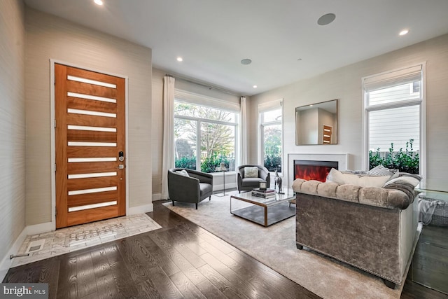 living room with hardwood / wood-style floors, recessed lighting, and a lit fireplace