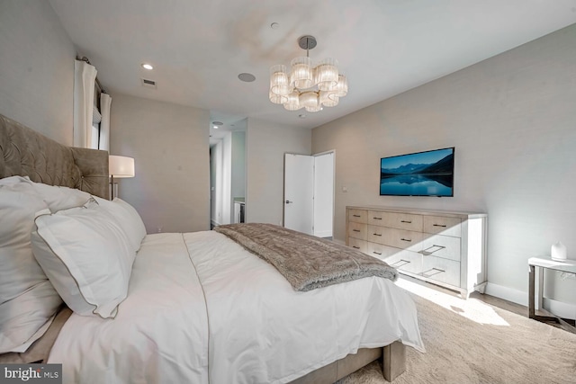 bedroom featuring baseboards, carpet, visible vents, and a chandelier