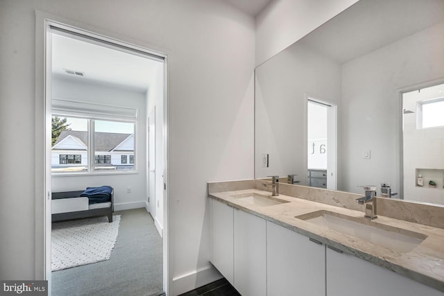 full bathroom featuring a sink, visible vents, baseboards, and double vanity