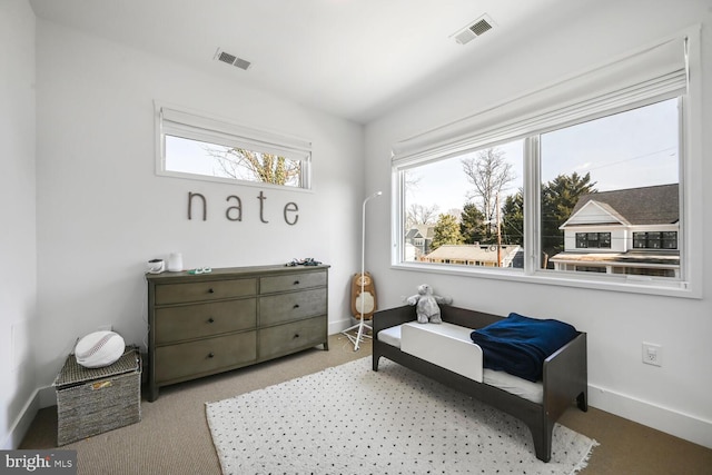 living area with carpet, baseboards, and visible vents