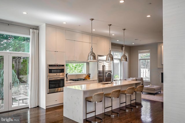 kitchen featuring plenty of natural light, dark wood-style floors, appliances with stainless steel finishes, and a sink