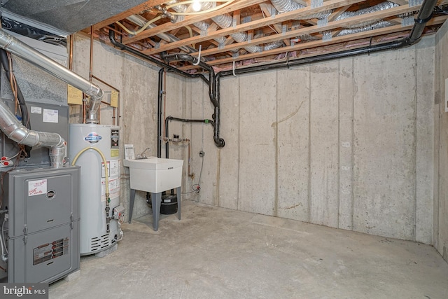 unfinished basement with gas water heater and heating unit