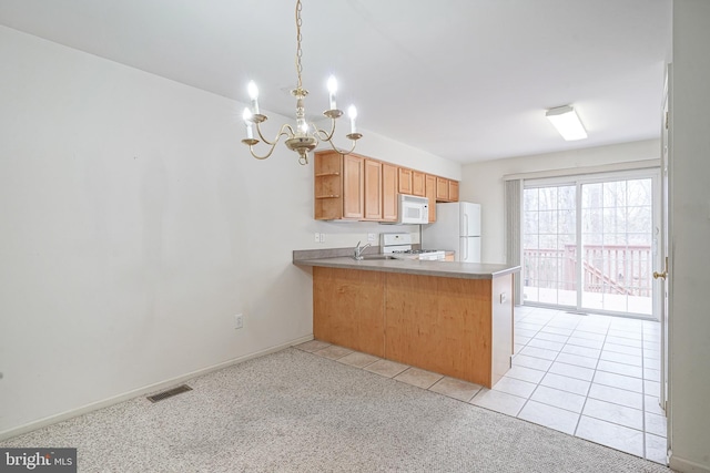 kitchen featuring visible vents, open shelves, white appliances, a peninsula, and light colored carpet