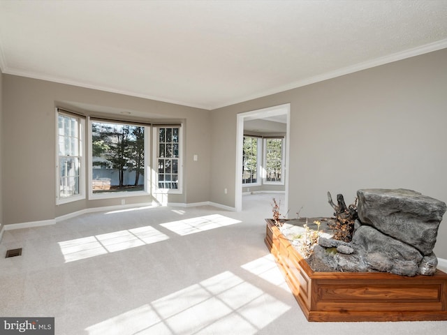 living area with baseboards, visible vents, carpet flooring, and ornamental molding