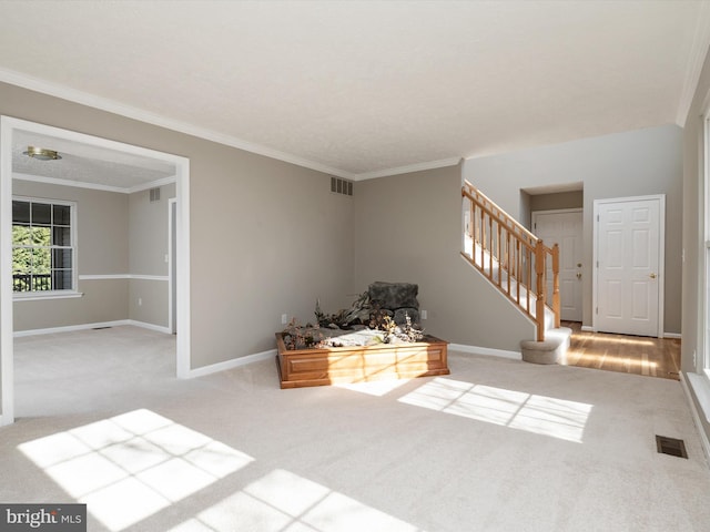 interior space featuring carpet floors, stairway, and visible vents