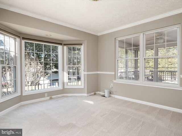 empty room with a textured ceiling, ornamental molding, carpet flooring, and baseboards